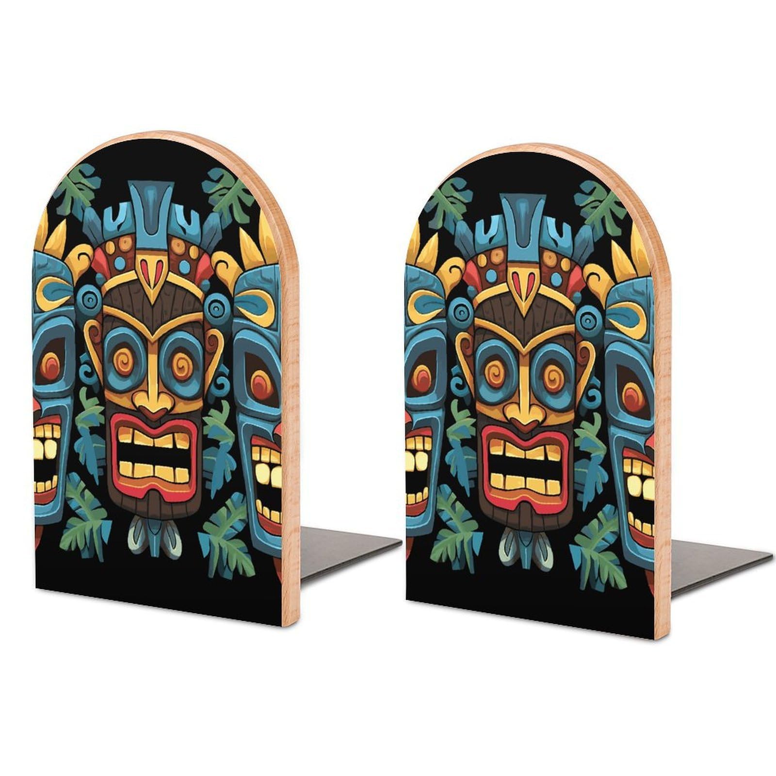 Colorful Tiki Mask Pattern Bookend Modern Bookends for Shelves Non-Skid Book Holder Heavy Duty Metal Book Storage for Books CDs Decorative Book Stopper for Home