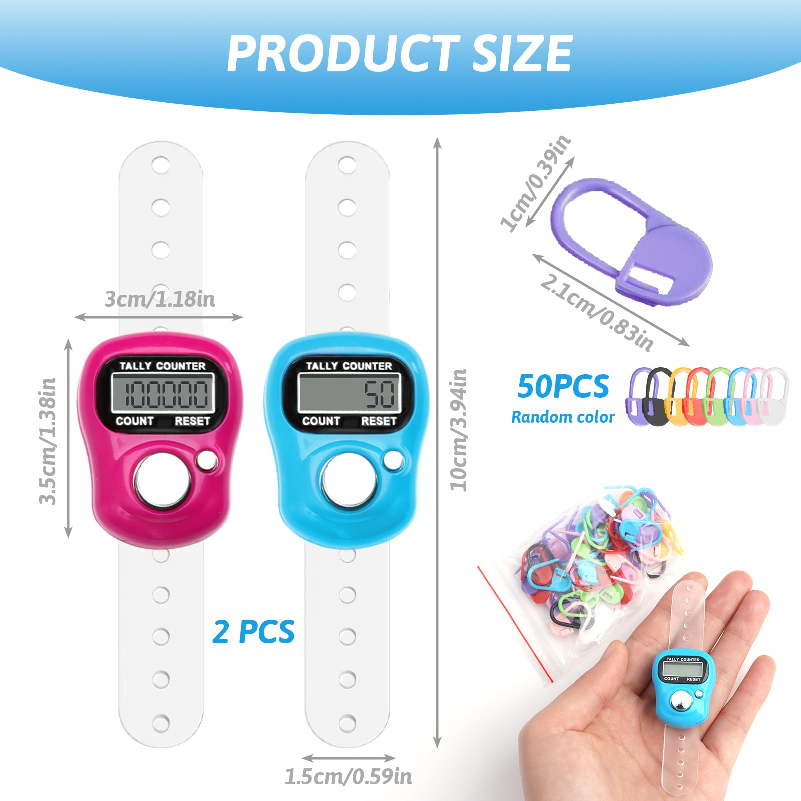 2 Pezzi Mini Contatore Delle Dita, Mini Contatore Elettronico con Display LCD Portatile 50 Pezzi Segnapunti Maglia Segnapunti Uncinetto Finger Counter per Golf Sport Lavoro a Maglia Preghiera