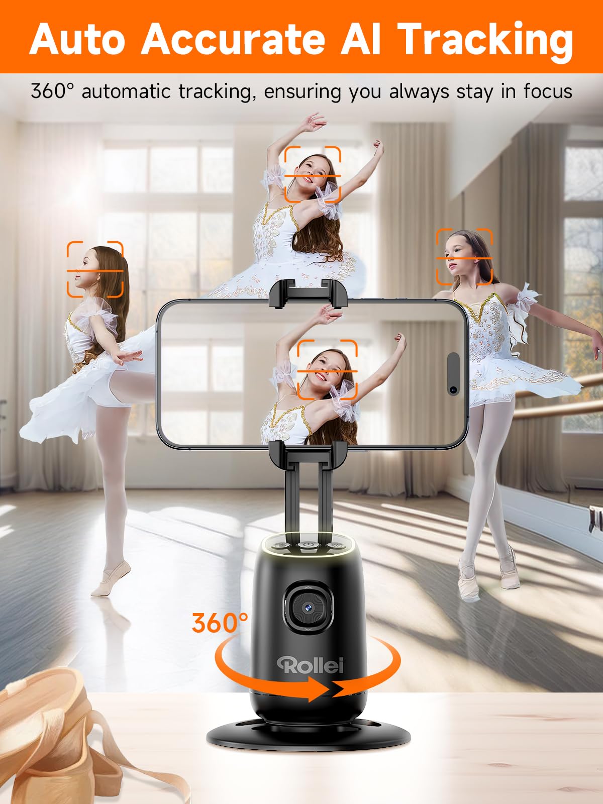 Rollei Easy Creator Desktop z AI Tracking, automatyczne śledzenie twarzy, statyw 360, stabilizator wideo z wbudowaną baterią do Tiktok Live Streaming, statyw do telefonu komórkowego, trójnóg