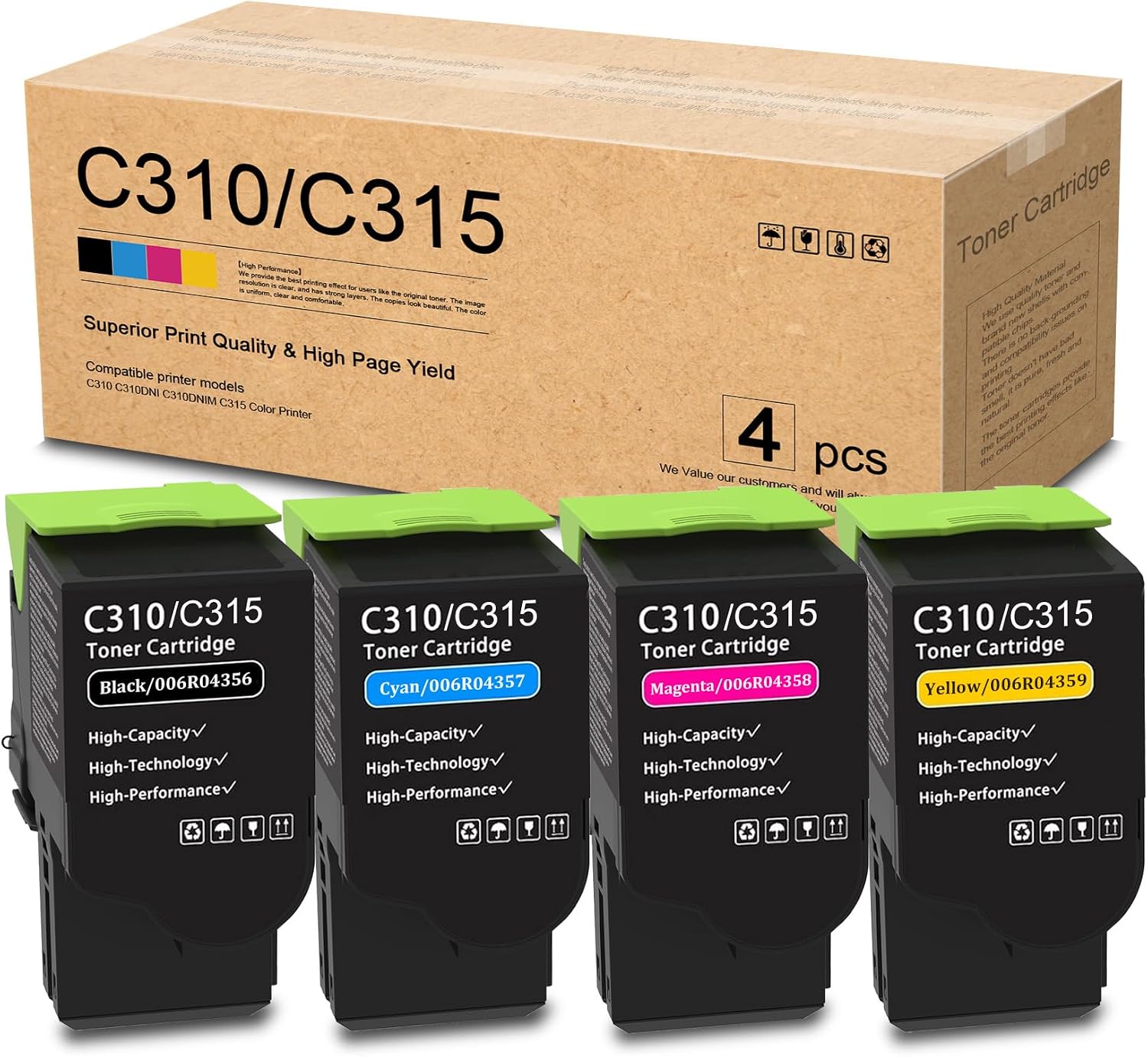 C310 / C315 High Yield Toner Cartridge Set (4-Pack, BK/C/M/Y) - Lovn 006R04364 006R04365 006R04366 006R04367 Toner Cartridge Replacement for Xerox C310 C310DNI C310DNIM C315 Color Printer