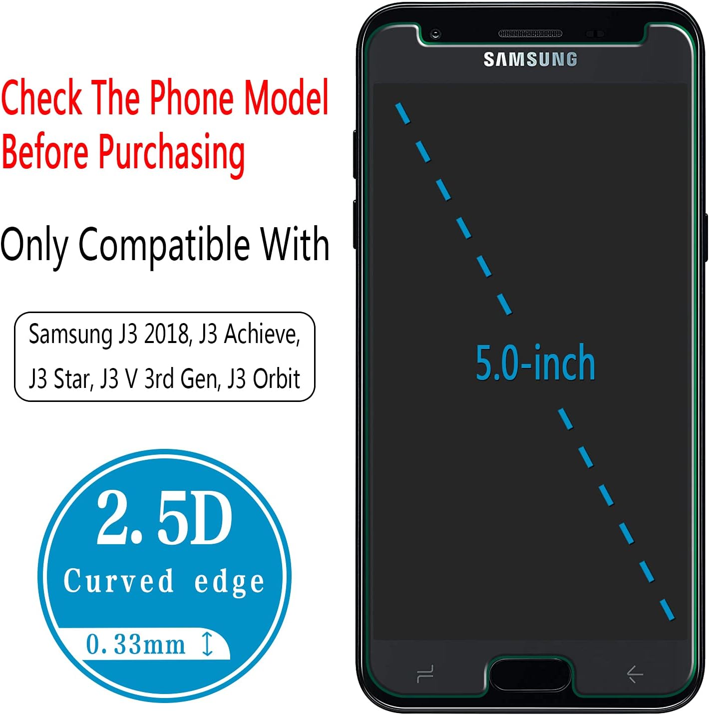 HPTech 2-Pack Screen Protector For Samsung Galaxy J3 2018, J3 Achieve, J3 Star, J3 V 3rd Gen, J3 Orbit Tempered Glass, 9H Hardness, Easy to Install, Bubble Free