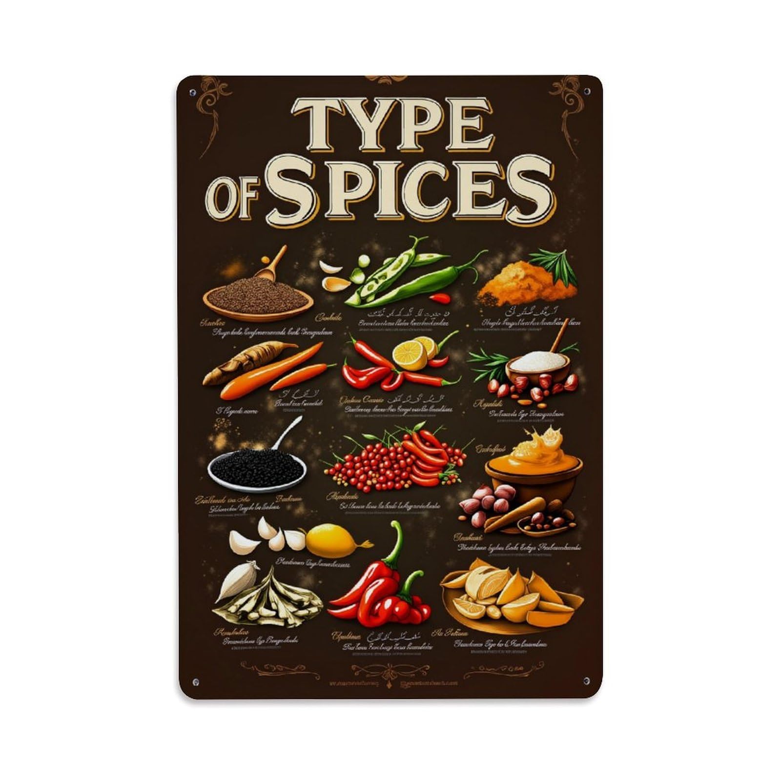 Spice Variety Visual Guide Art Retro Metal Tin Sign, Vintage Decor Art Poster for Bar, Home, Man Cave, Kitchen, Laundry Room Gift 8x12Inch
