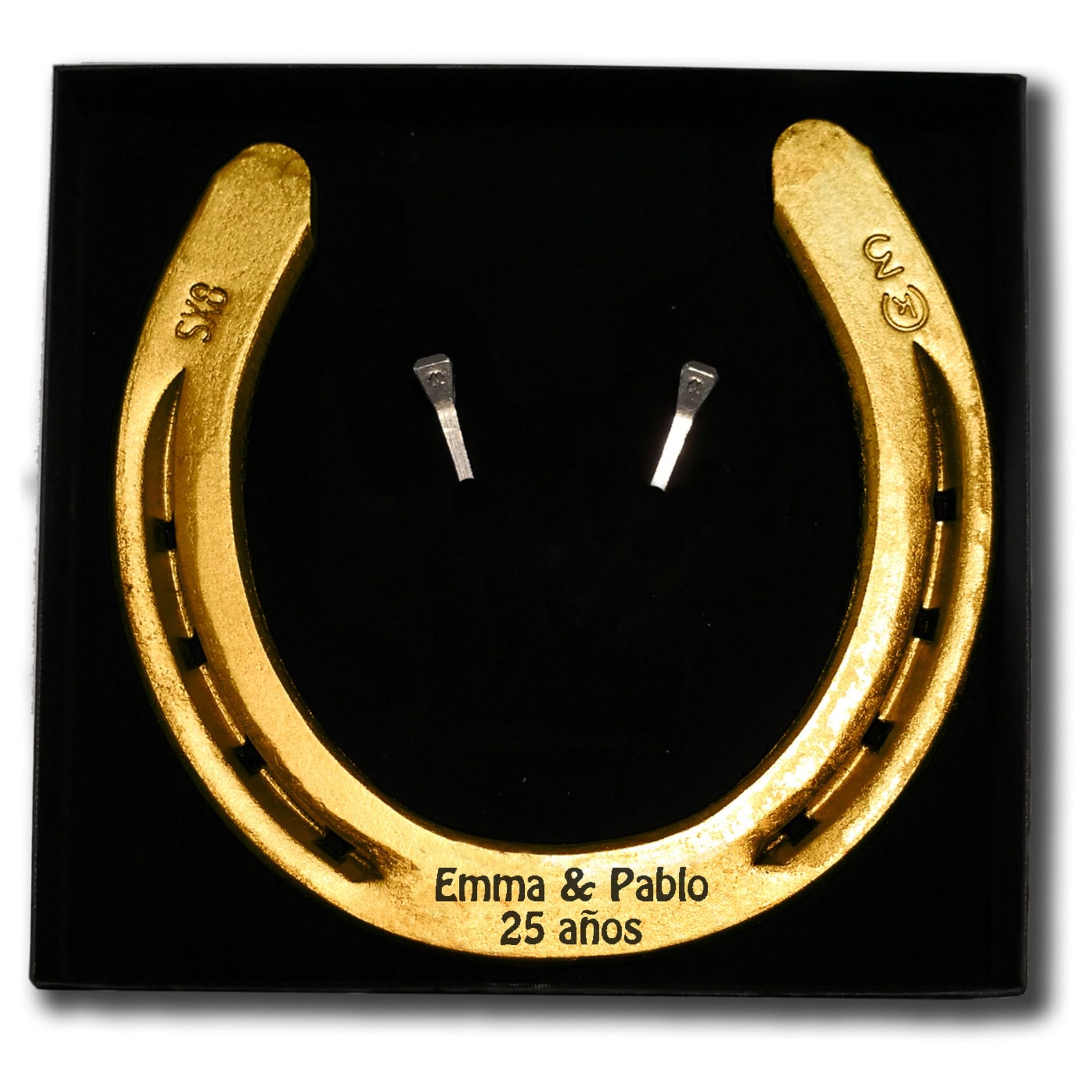 Genérico Herradura con Grabado Personalizado en Hierro Pesado, Herradura Original de Caballo grabada, lacada en Plata, Personalizada como Herradura de la Suerte para Bodas o Puertas de Entrada