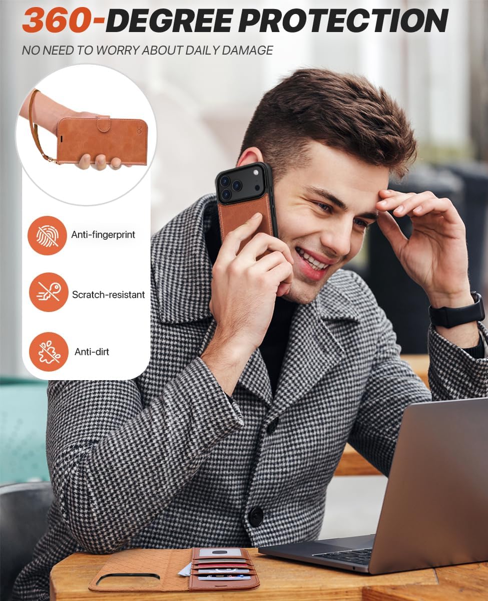 OCASE for iPhone 17 Pro Max Detachable Wallet Case with Card Holder, 2 in 1 PU Leather Flip Folio with RFID Blocking Stand Wrist Strap Shockproof Phone Cover 6.9 Inch 2025, Brown - Image 7