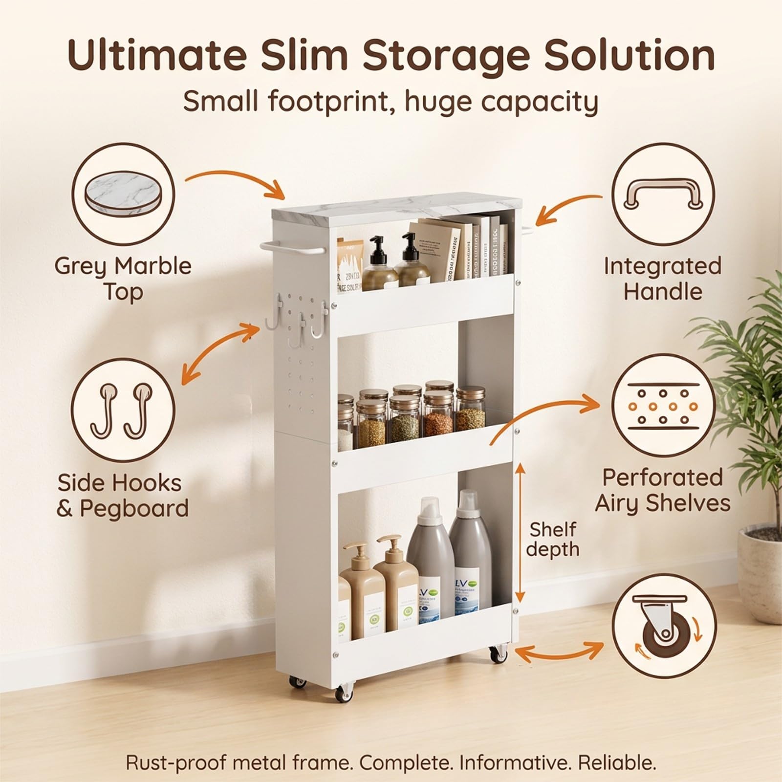 Organizer Spazi Stretti Con Ruote, Scaffale Per Bagno E Lavanderia,Cucina