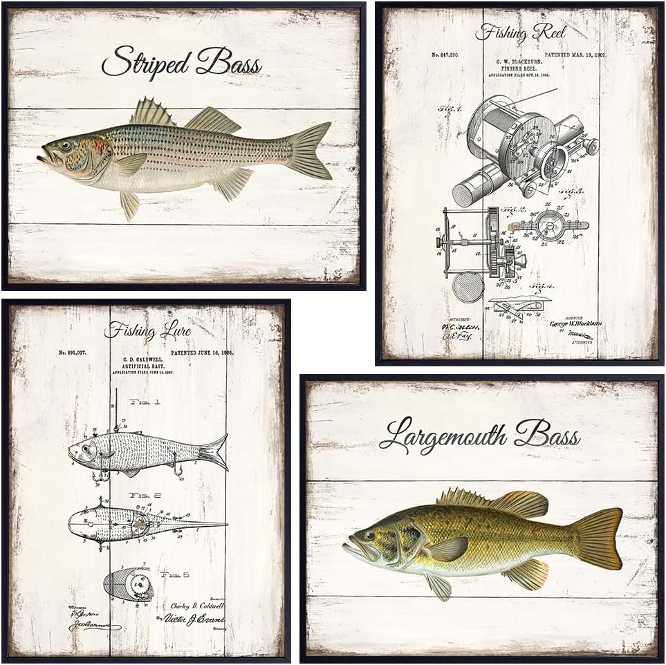 Vintage Fish Patent Prints 11x14 - Rustic Man cave Decor, Fisherman Gifts for Men - Fishing Art Poster, Fish Wall Art Decorations, Nautical Decor - Bass, Reel, Lure Wall Artwork - Lake, River Pictures