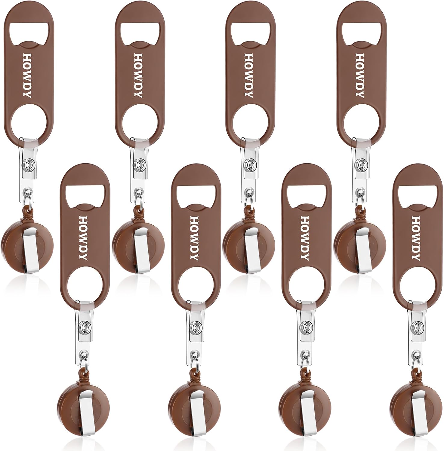 Junkin 8 Pcs Western Party Favors Howdy Cowboy Bottle Opener with Round Badge Reel Clips Holder Bartender Accessories Bar Beer Opener Birthday Last Rodeo Shower Wild West Birthday Wedding Bridal Gift