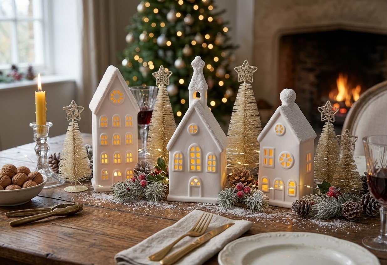 Christmas Village Sets, 8-Piece Modern White Christmas Decorations Indoor