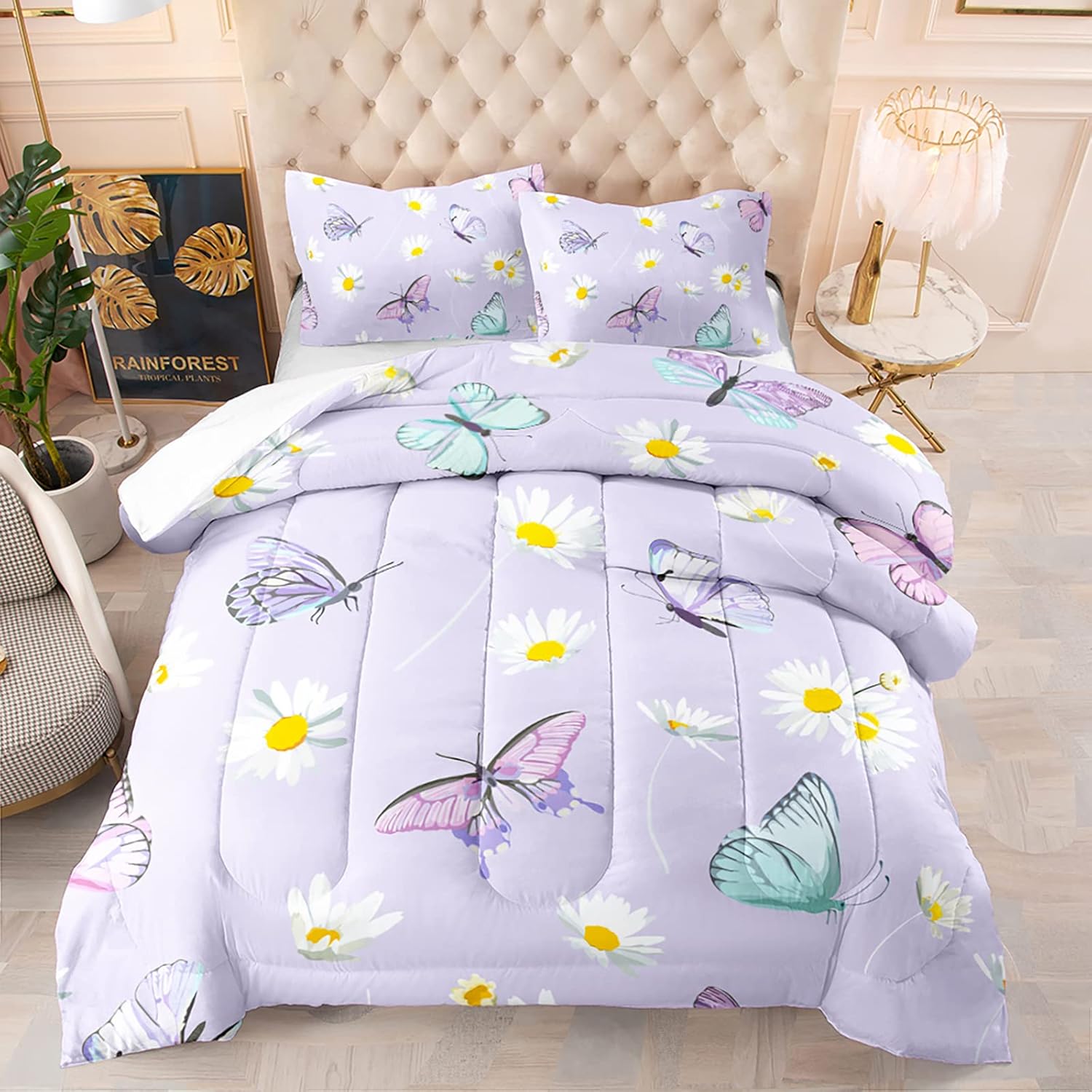 BailiPromise Butterfly Comforter Twin Size,Daisy Comforter Set for Kids Teens Girls