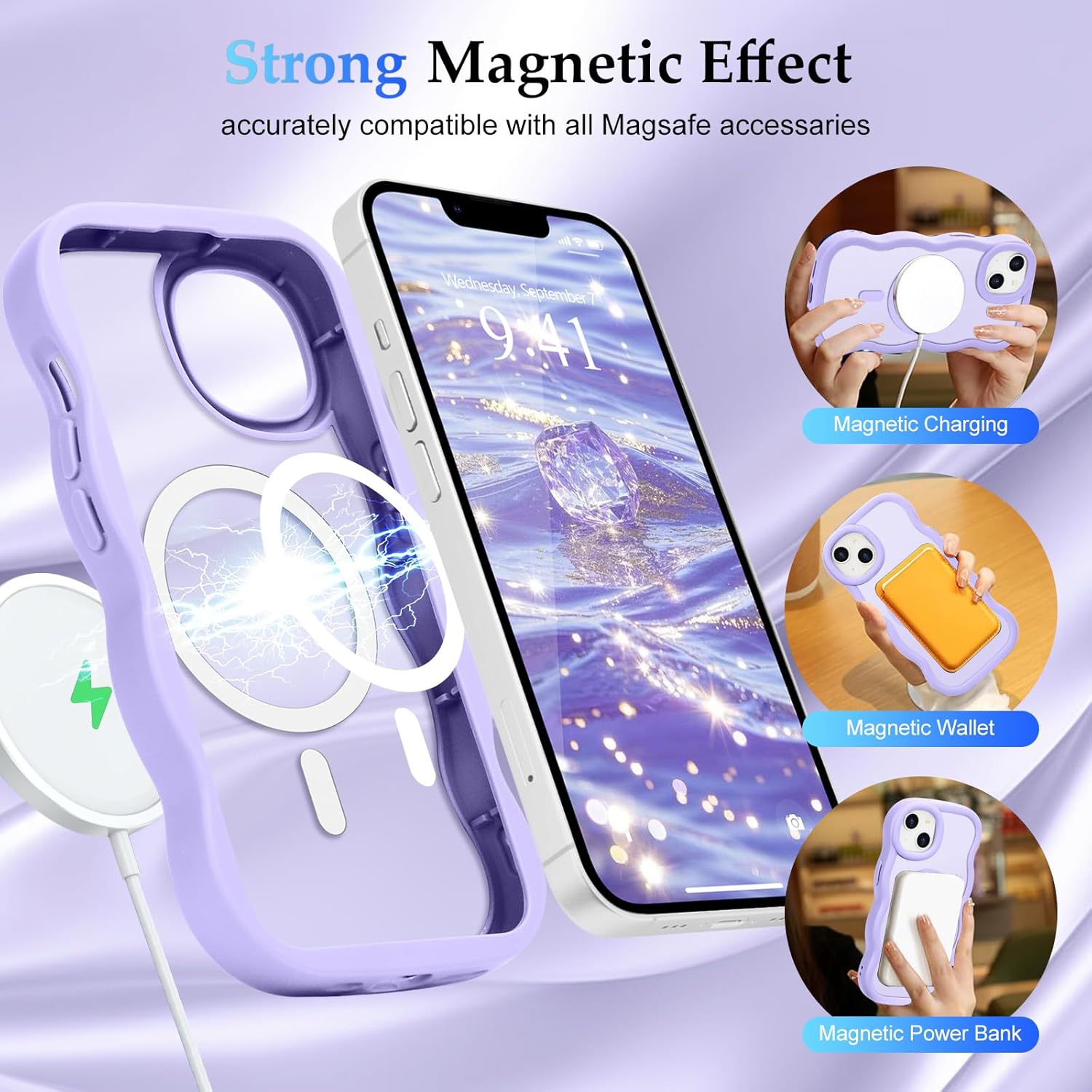 for iPhone 13/14 Case, Curly Wave Frame Hard Translucent Clear Back Cover for Women Men Compatible with Magsafe Stylish TPU Shockproof Drop Protection Phone Case for iPhone 13/14, Lavender - Image 3