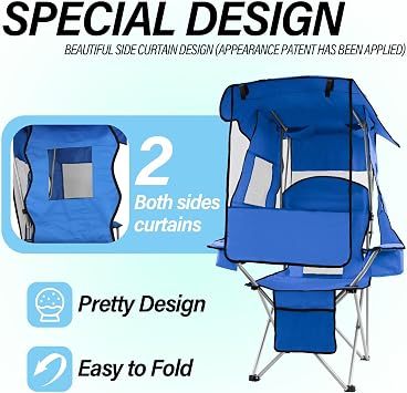 ptlsy Beach Chair with Canopy Shade Folding Camping Chair for Adults with Cup Holders, Cooler Bag for Camping, Fishing, Beach, Sports and Concert (Blue)
