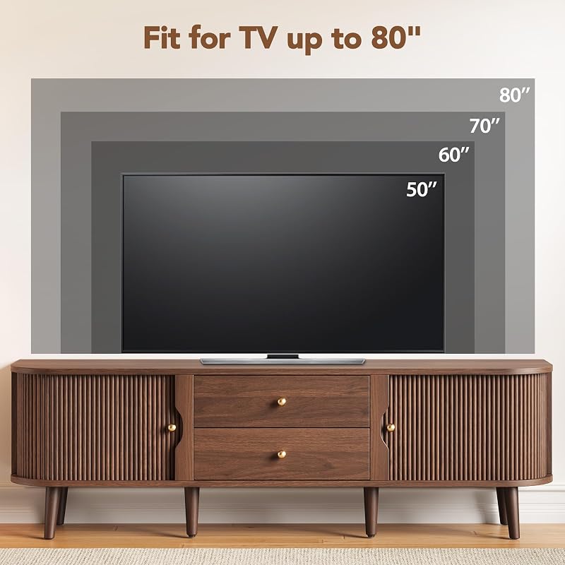 70" Mid-Century Fluted TV Stand with Storage up to 80 Inch, Walnut image 6
