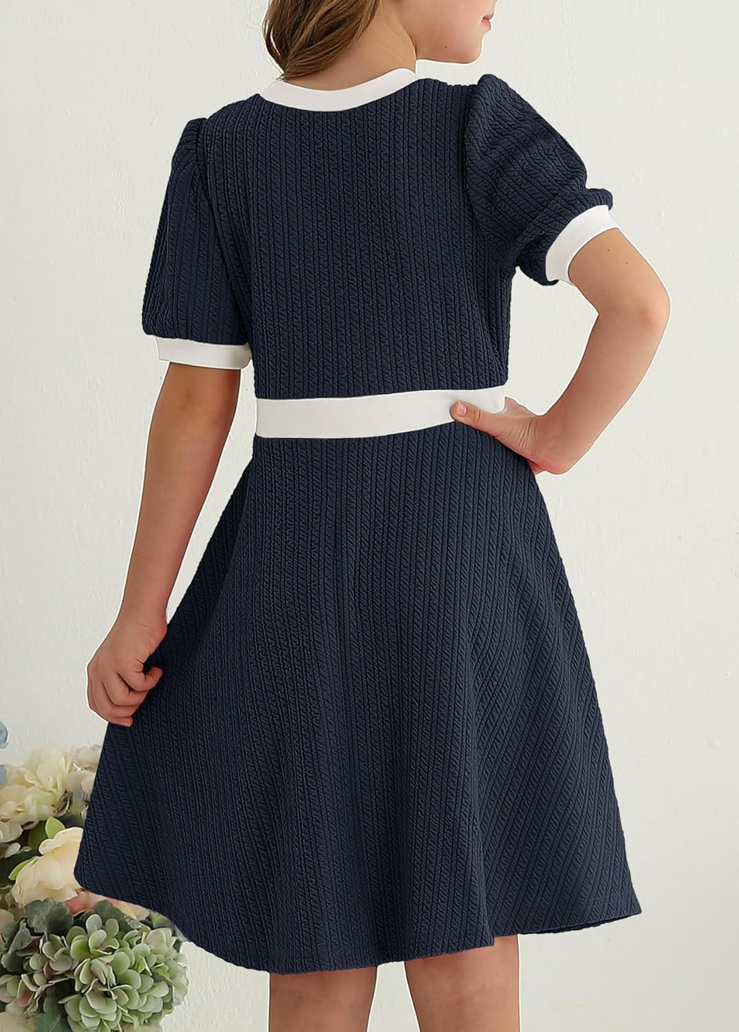 YOVION Girls Summer Dress Puff Sleeve Crewneck Button Color Block Casual Party Dresses with Pockets for 6-12 Y