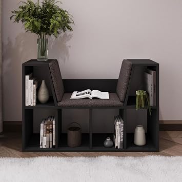 Livora Cushioned Bookcase - 103 cm Minimalist Design with Seating Area, Anthracite