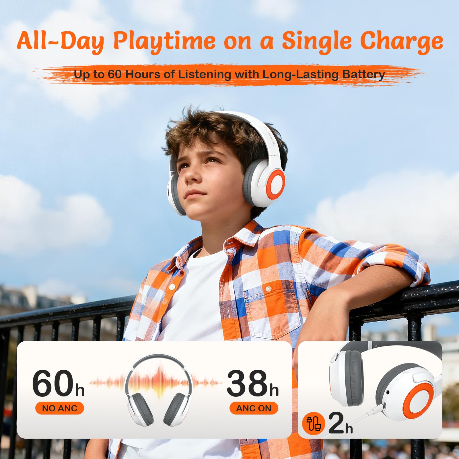 TONOSHARK Cuffie Wireless Bluetooth Bambini, Cuffie Antirumore Bambini Leggera, 60h Autonomia, Wireless Over-Ear Con Microfono, Pieghevoli, Custodia Inclusa, Per Scuola e Viaggi (Bianche)