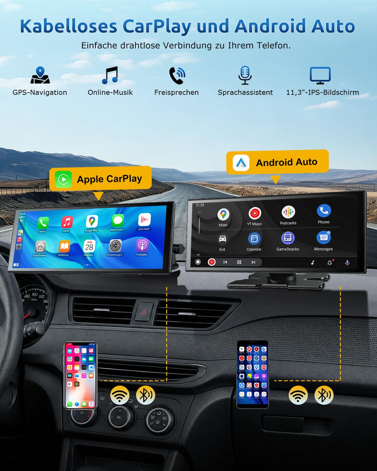 ESSGOO 11 Zoll CarPlay Android Auto Display Wireless,4K 360° Fahrzeugkamera | Apple CarPlay Bildschirm,1920×720 Touchscreen,1080P Rückfahrkamera,Bluetooth 5.3,Mirror Link,GPS,Sprachsteuerung,Autoradio