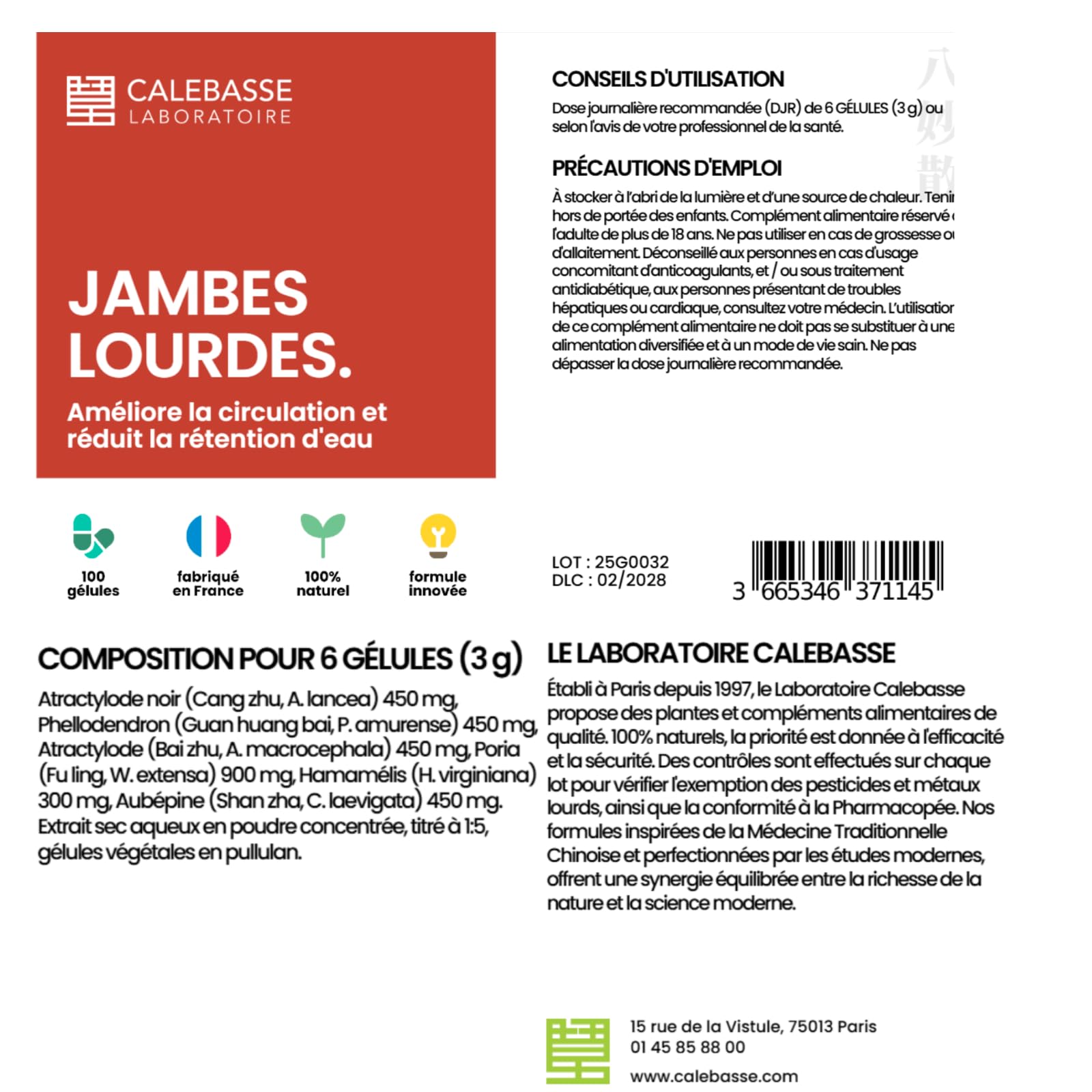 Formule Jambes Lourdes | Circulation Sanguine & Drainage Lymphatique pour Réduction de la Rétention d’eau | Complément Alimentaire 100% Naturel | 100 Gélules | Fabriqué en France