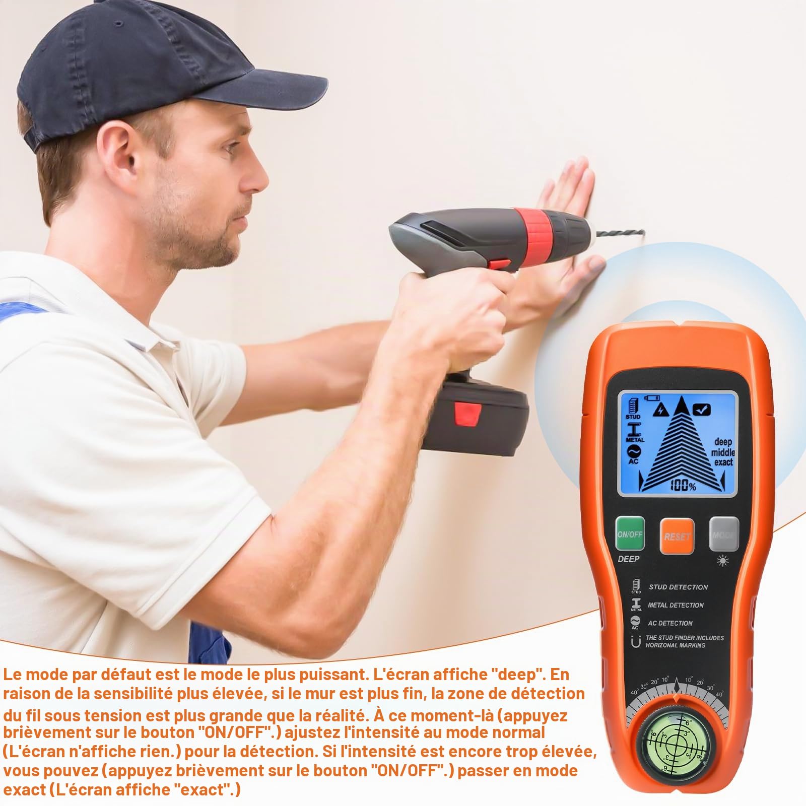 Détecteur Mural 7 en 1, Détecteur de Métaux et de Câbles avec Écran LCD, Appareil de Détection de Matériaux pour Bois, Métal, Fils AC, Niveau à Bulle, Scanner Mural de Construction