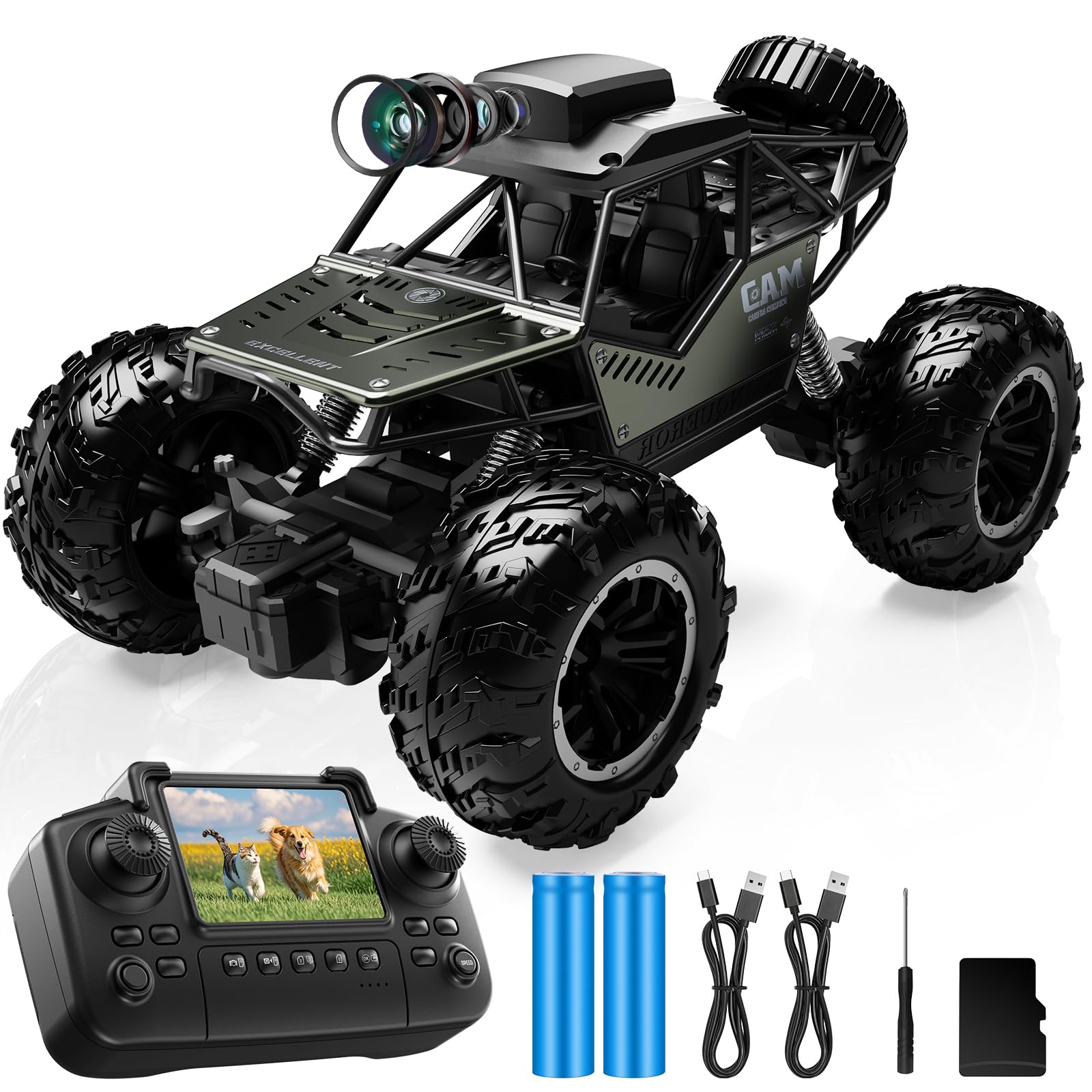 Ferngesteuertes Auto mit HD-Kamera für Erwachsene, 1:18 Monstertruck Spielzeug, 2,4-GHz RC Auto Offroad mit HD-Bildschirm, 2 Akkus (40 Minuten Laufzeit), Kinder,C0