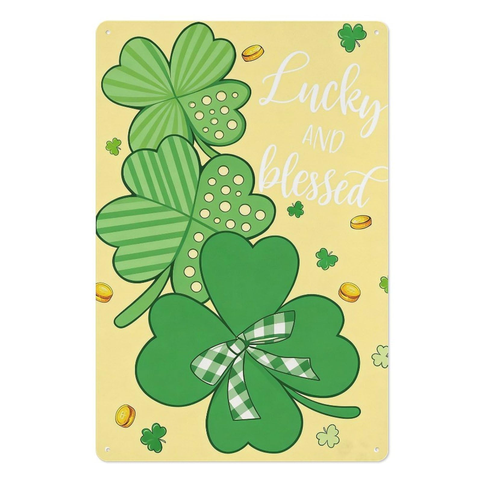 peiyeety 8x12 Inch Lucky and Blessed Metal Tin Sign – Vintage Shamrocks with Plaid Bow & Gold Coins, Irish Pub Wall Decor for St Patrick's Day, Home, Bar, or Office Wall Plaque