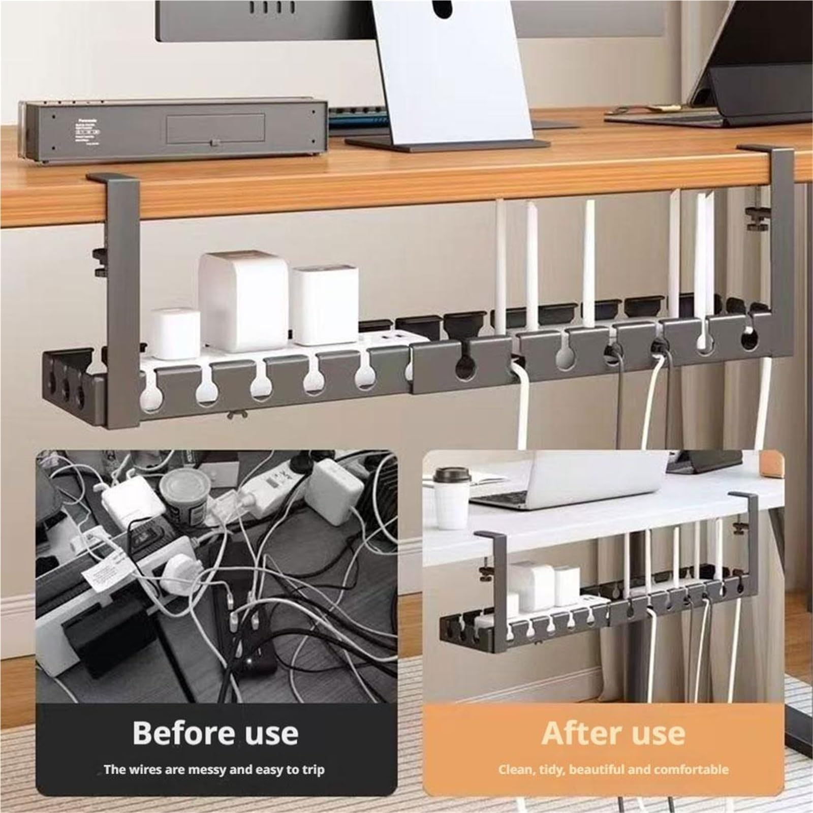 Bandeja Gestion Cables Estante de almacenamiento debajo la Mesa, bandeja gestión cables Metal sin perforación, organizador for escritorio oficina en casa, tira alimentación retráctil(Black 43-74cm)