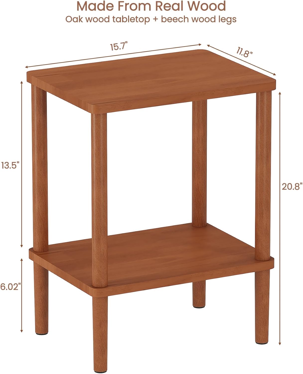 LUCKNOCK Solid Wood Side Table, 2-Tier Small End Table with Storage Shelf, Narrow Nightstand Bedside Table for Small Spaces, Bedroom, Living Room, Farmhouse, No-Tool Assembly.