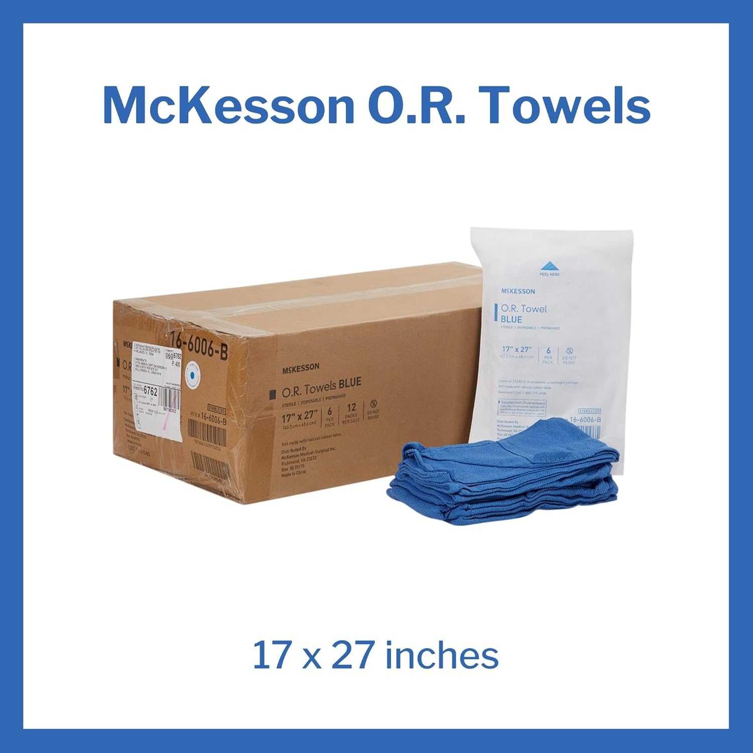 McKesson Operating Room Cotton Towels, Sterile, Disposable, Pre-Washed, Blue, 17 in x 27 in, 6 Towels, 2 Pack