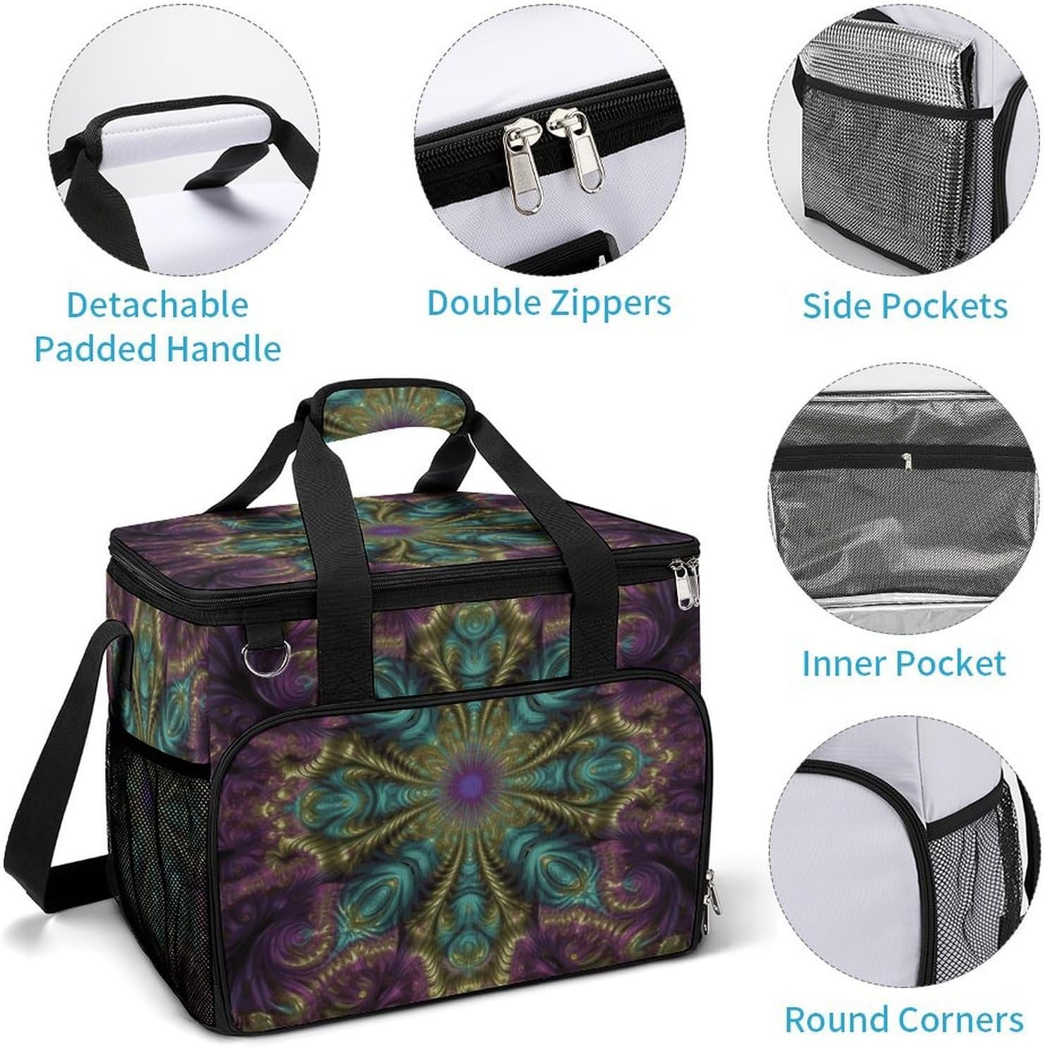 Insulated Picnic Backpack Tote Bag, Large Capacity 30L Fractal Art Cooler Bag Leakproof Beach Bags Portable Lunch Box Waterproof Picnic Basket for Beach Camping BBQ