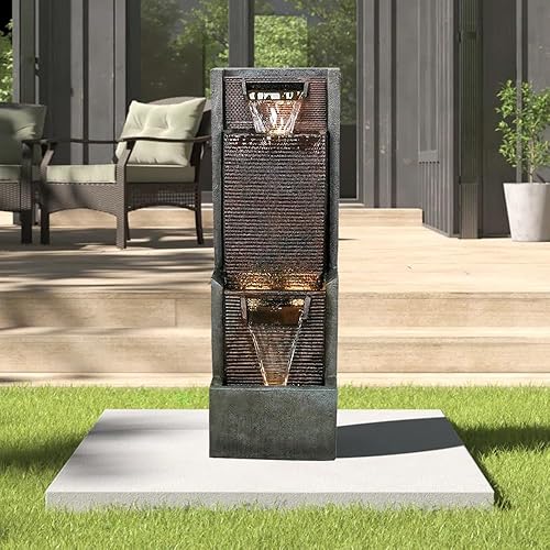 Miniatura 2 de Fuente de agua de jardín al aire libre con diseño contemporáneo y luz LED fuente de agua de pie - adecuada para terraza, patio, porche, decoración