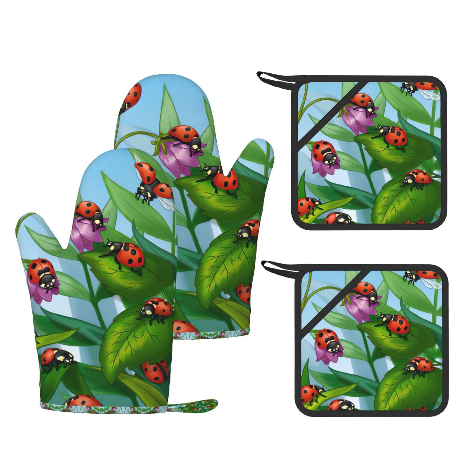 Ladybug Printed Cooking Mitts and Pot Holders 4 Pcs, Heat Resistant Oven Gloves with Hanging Loop Chef