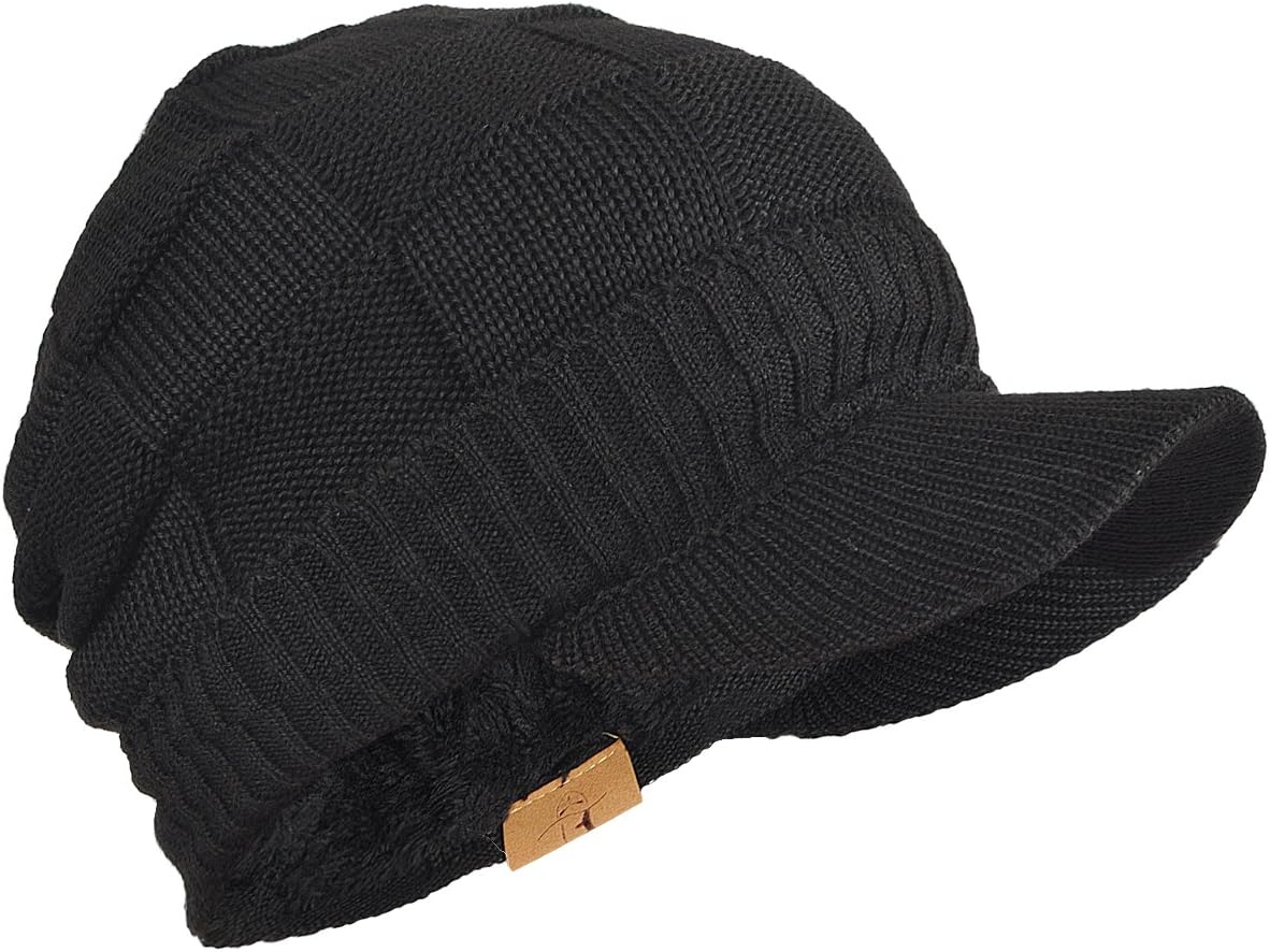 FORBUSITE Men Knit Beanie Visor Cap for Winter Women Thick Beanie with A Brim, Checked Black, M