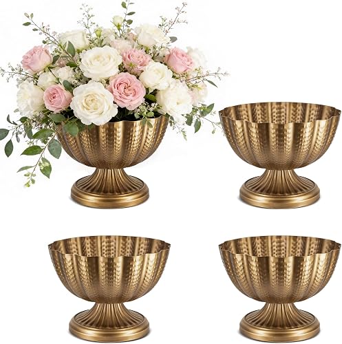 Large Gold Vases for Centerpieces: Vintage Compote Vase, 6.5 Inch | Set of 4, Gold Flower Vase, Brass Compote Bowl, Metal Pedestal Urn with Plastic Liner, For Wedding Anniversary Party Home