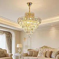 Lustre de Cristal Clássico LED - Luminária de Cristal para Sala com Iluminação Aconchegante, Lustre Romântico para Quarto e Sala de Jantar (50cm-7 camadas de cristal)