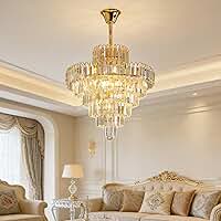 Lustre de Cristal Clássico LED - Luminária de Cristal para Sala com Iluminação Aconchegante, Lustre Romântico para Quarto e Sala de Jantar (50cm-7 camadas de cristal)