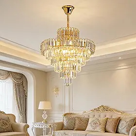 Lustre de Cristal Clássico LED - Luminária de Cristal para Sala com Iluminação Aconchegante, Lustre Romântico para Quarto e Sala de Jantar (50cm-7 camadas de cristal)