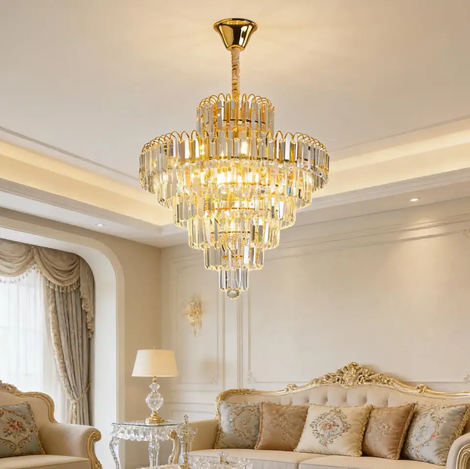 Lustre de Cristal Clássico LED - Luminária de Cristal para Sala com Iluminação Aconchegante, Lustre Romântico para Quarto e Sala de Jantar (50cm-7 camadas de cristal)