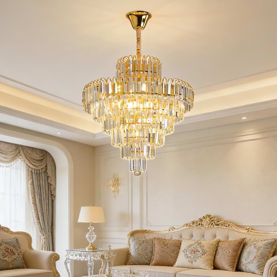 Lustre de Cristal Clássico LED - Luminária de Cristal para Sala com Iluminação Aconchegante, Lustre Romântico para Quarto e Sala de Jantar (50cm-7 camadas de cristal)