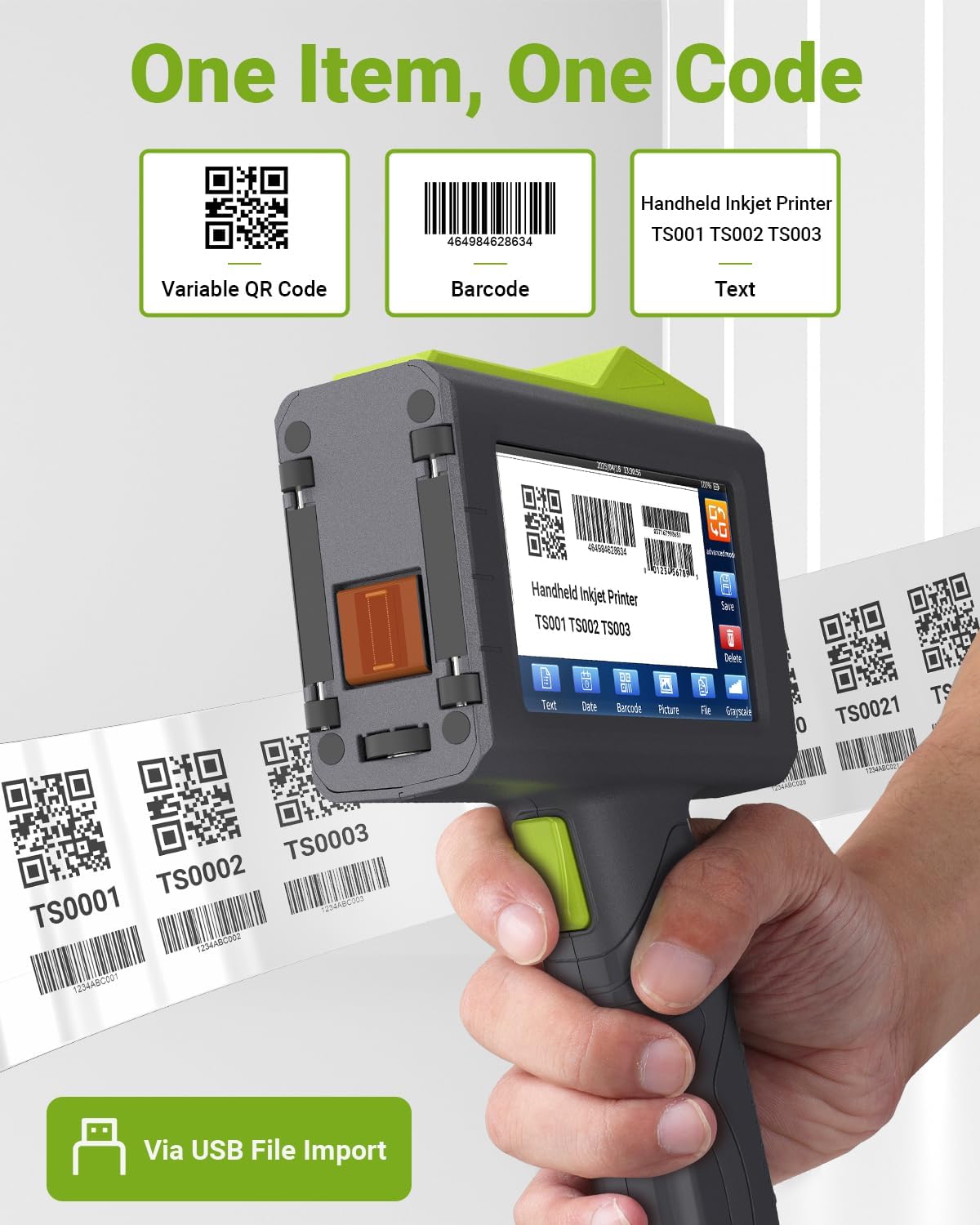 TESEN 2025 New Upgrade Handheld Inkjet Printer with 1/2 Inch (12.7mm) Printhead for Date Time Logo Batch Number QR Code Barcode Quick Drying Printing on Plastic Wood Carboard Metal Glass and More