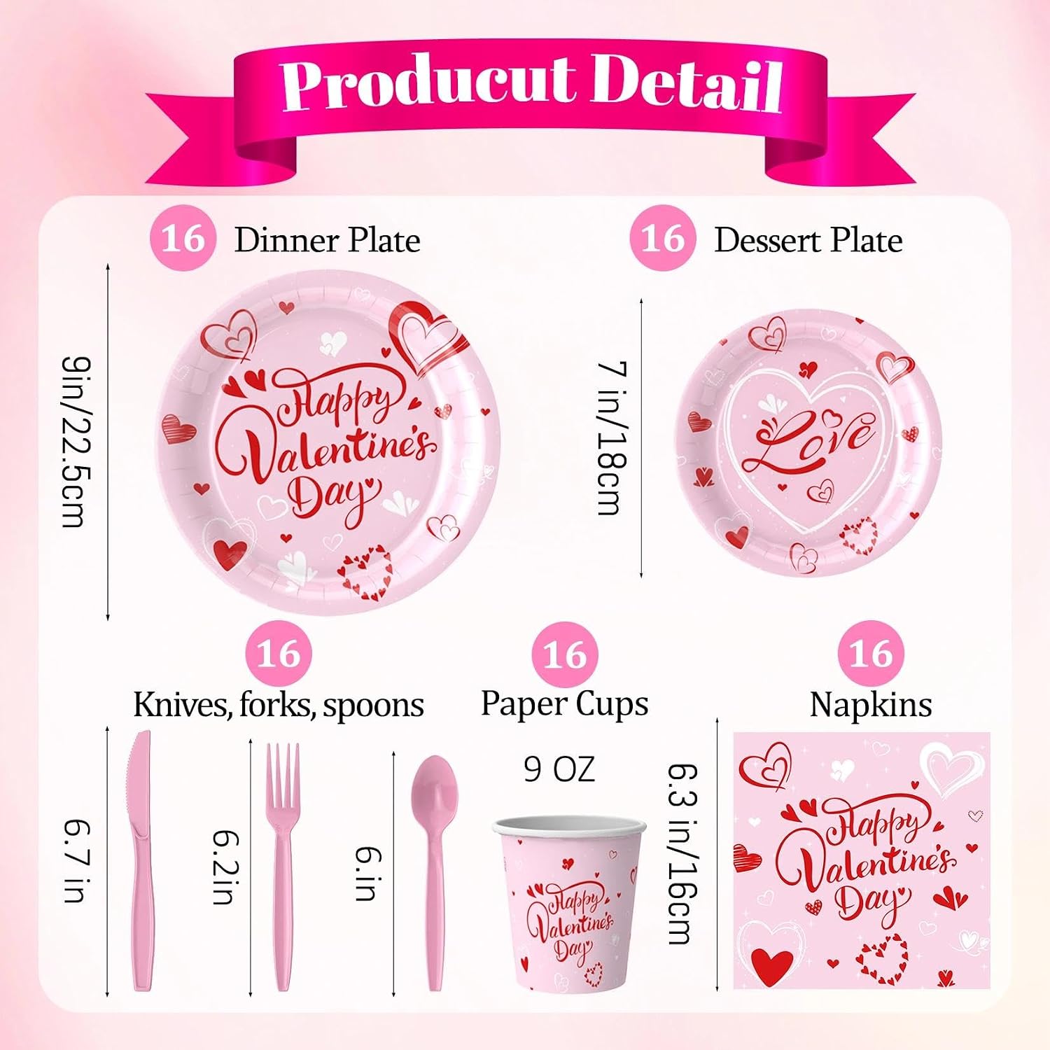 Valentines Day Tableware Set Sweet Heart Dinnerware Pack with Paper Plates, Cups, Napkin, Knives, Forks, Spoons - Valentine’s Day Party Supplies for Wedding,Anniversary, Birthday,Gatherings,Serves 16 image 2