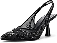 ViciouslyVixen Women's 2.5 Inch Kitten Heel Slingback Pumps - Rhinestone & Embroidered Bridal Wedding Shoes for Bride, Bridesmaids, Parties