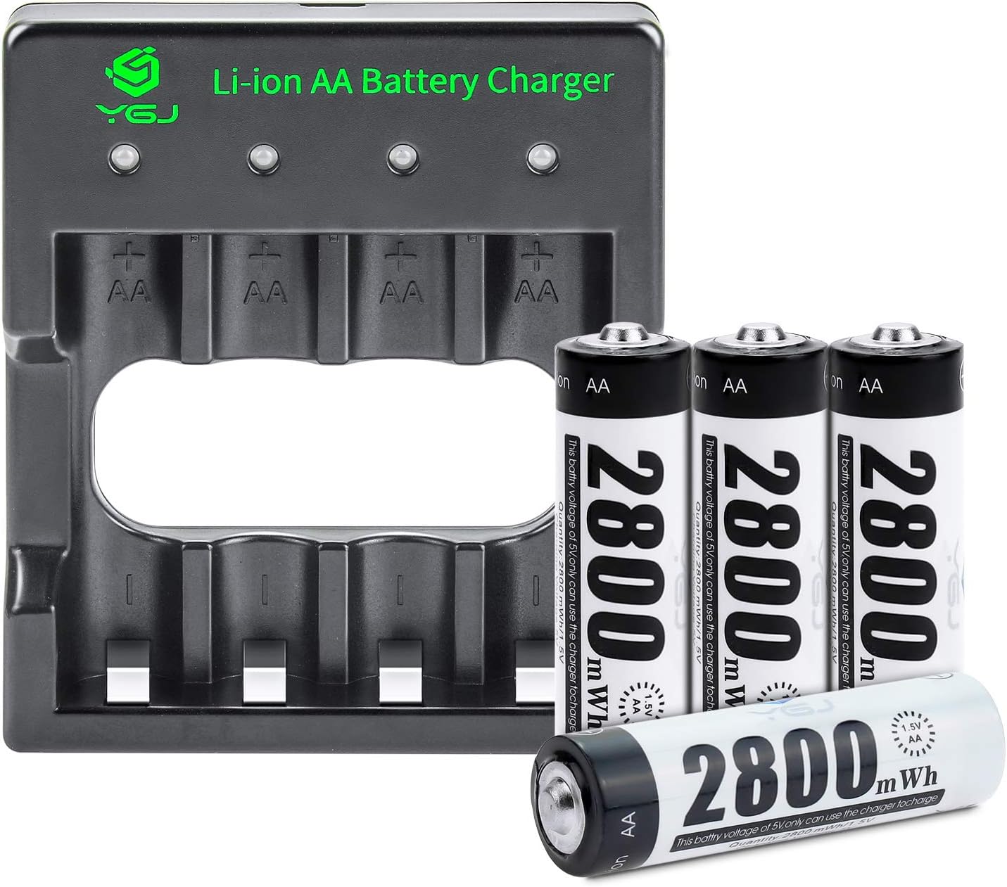 YGJ Rechargeable AA lithium battery charger with 4Pcs Rechargeable AA Li-ion batteries - Durable & Long lasting Double A Battery Charger Set
