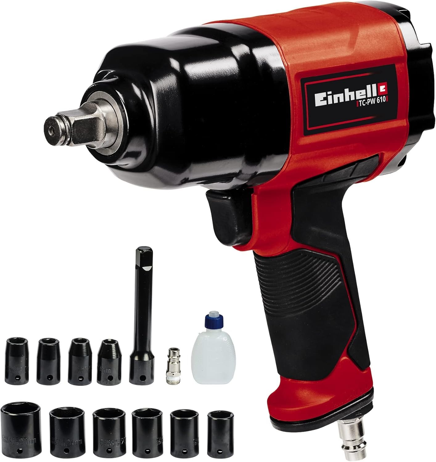 Einhell Llave neumática de impacto TC-PW 610 (par de torsión máximo de 610 Nm, incluye 10 tomas, botella de aceite, boquilla, alargador de 125 mm)