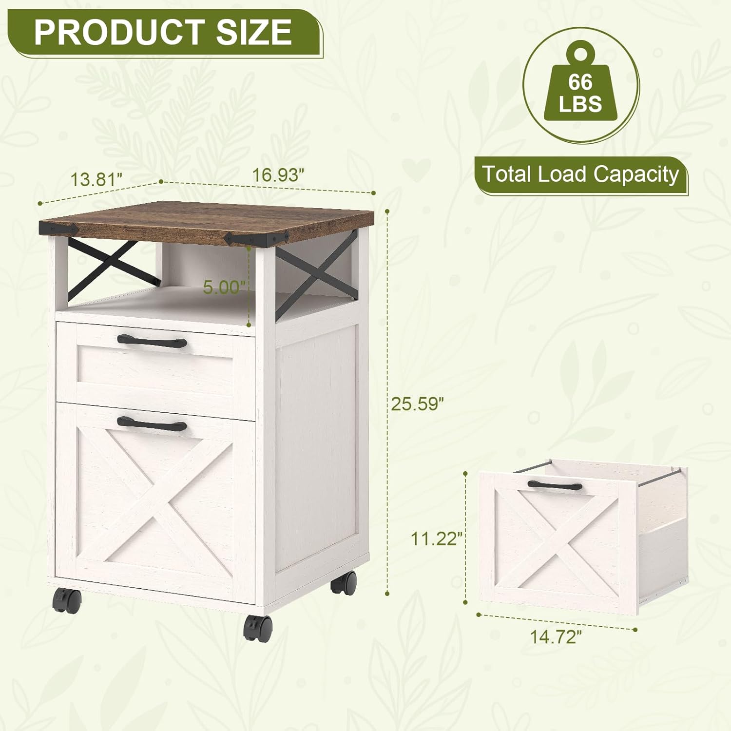 Farmhouse Filing Cabinet with Open Storage Space & Wheels, Office Filing Vertical Cabinet with 2 Drawers, Printer Stand for Hanging Files Letter/A4, Under Desk Storage Cabinets for Home Office. White