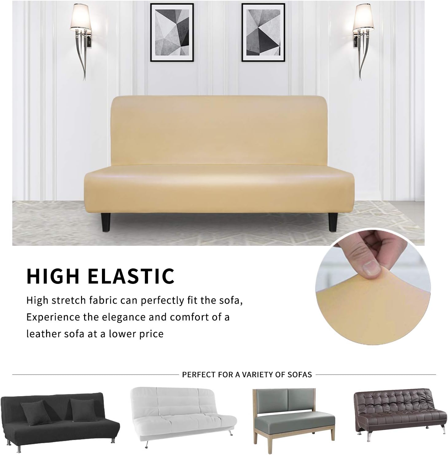 Easy-Going PU Leather Armless Slipcovers Waterproof Stretch Sofa Covers Stretch Furniture Protector Anti-Slip Elastic Strap Shield Pets Kids Children Cats Dogs(Futon,Beige)