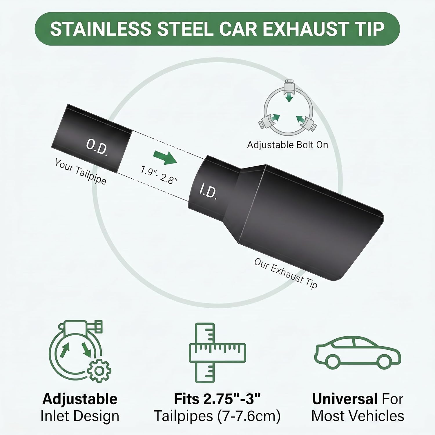 Stainless Steel Car Exhaust Tip, Adjustable 2.75"-3" Car Exhaust Tail Muffler Tip Pipe, Heavy-Duty Angle Cut Polished Black Coated Auto Exhausts Pipes, Universal for Most Vehicles (Black)