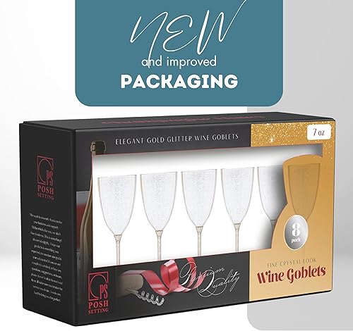 Miniatura 8 de Posh Setting Copas de vino de plástico dorado con purpurina de 7 onzas, vasos desechables de plástico duro, tazas con tallo para tostar, bodas,