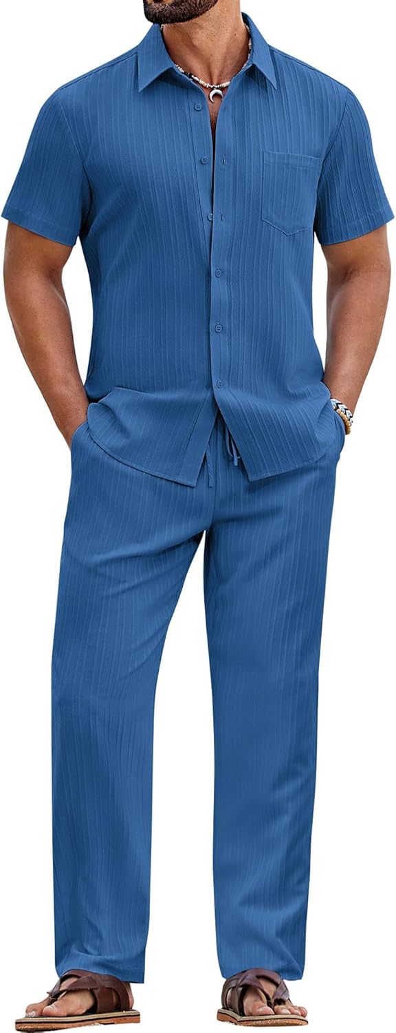COOFANDY Mens 2 Piece Sets Summer Outfits Short Sleeve Button Down Shirt Loose Pant Sets Beach Vacation Outfits