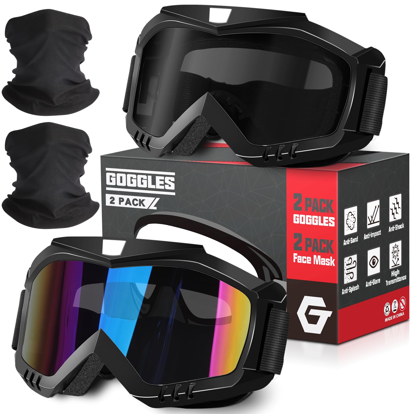 OXG 2 Pack Motorcycle Goggles with Neck Gaiters, OTG Dirt Bike Goggles Dust-proof UV400 Motocross ATV Skiing (Grey + Multicolor)