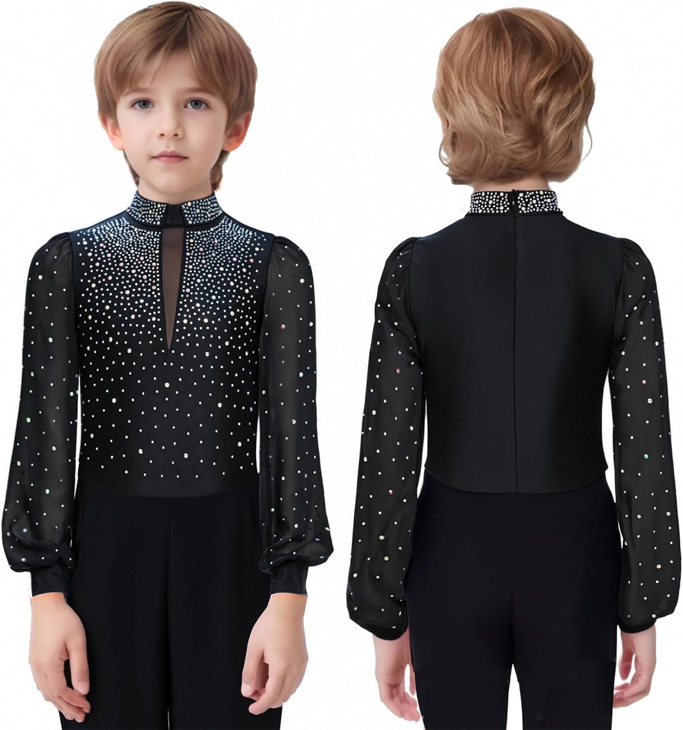 Boys Shiny Romper Shirts Mock Neck Dance Workout Gymnastics Leotard Tops Figure Skating Bodysuit