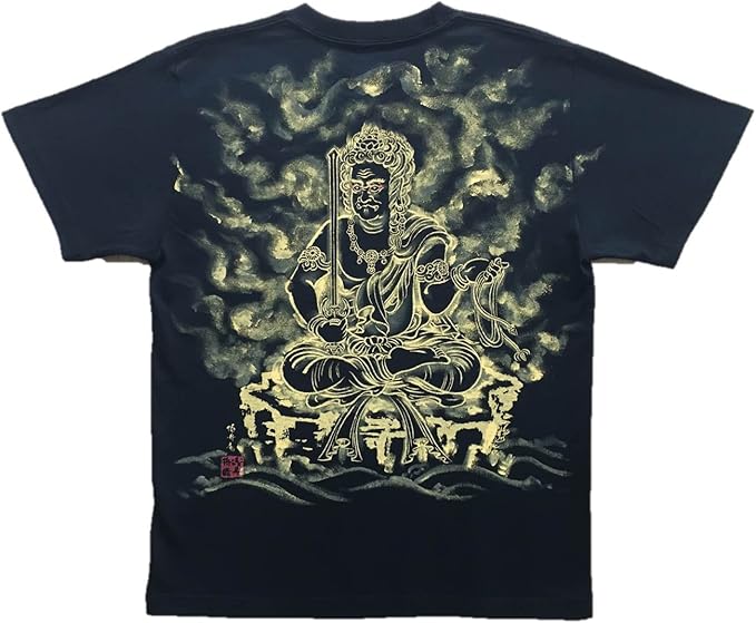 Amazon 不動明王座像 Tシャツ 白黒 半袖 和柄 仏画 日本画 手描き 墨絵 伯舟庵 Tシャツ カットソー 通販